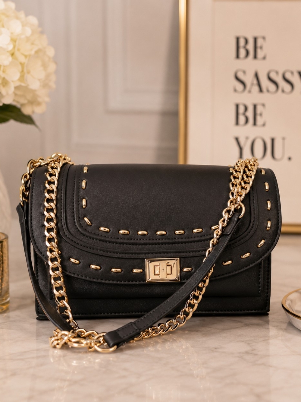 INC International Concepts Black Shoulder Bag with Gold Chain